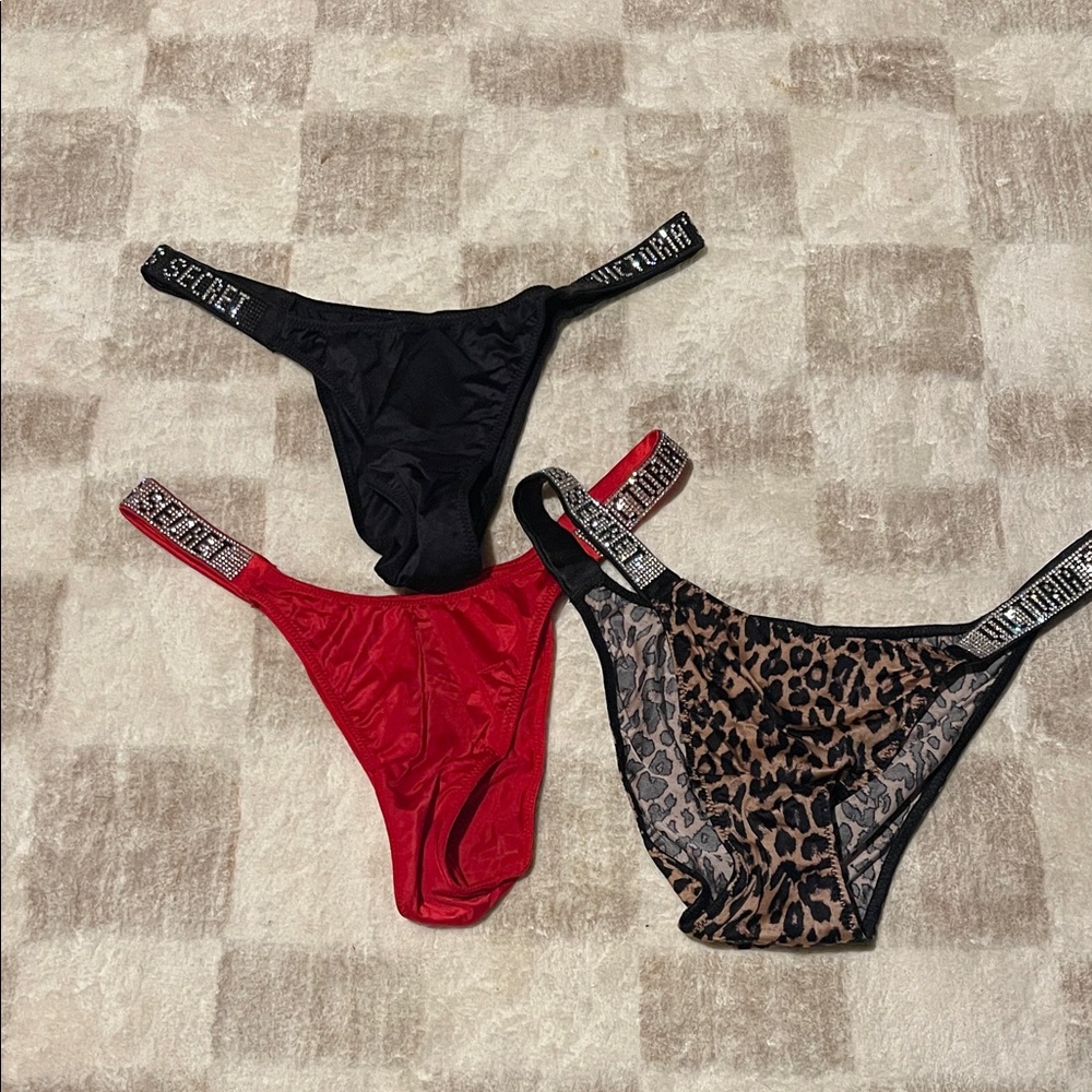 Victoria's Secret Rhinestone Strap Bikini Trio - Black, Red, Leopard